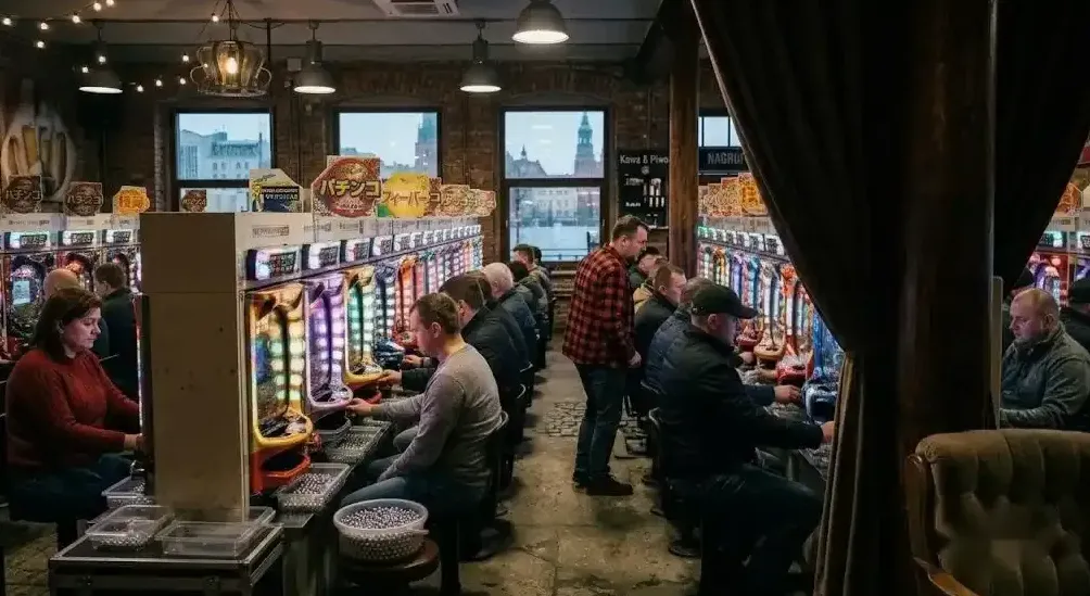 Rzędy automatów w neonach